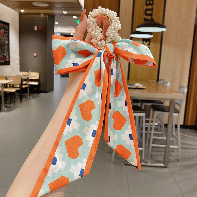 Pearl scarf headband female hair ring streamer net celebrity 2021 new summer thin hair tie ribbon headdress hair rope