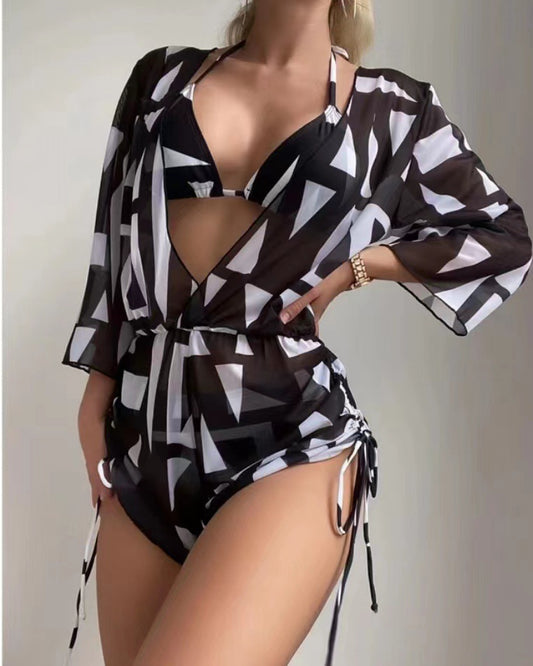 2025 Amazon European and American cross-border split long-sleeved mesh three-piece set waist drawstring printed bikini swimsuit for women