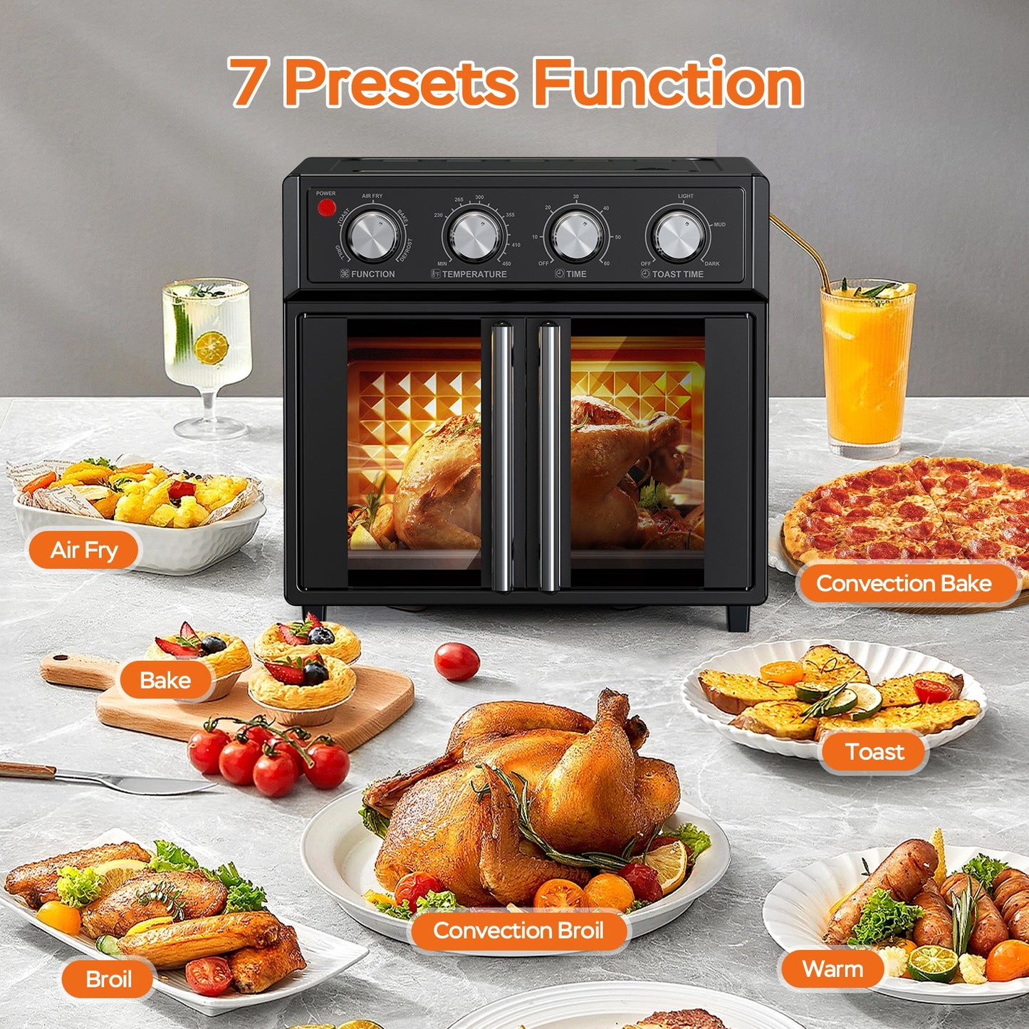 29.5 QT Air Fryer Convection Toaster Oven, French Door, 6 Slices, 1700W, Multifunction Oven, Air Fryer, Toast, Grill, Defrost, Bake, Time And Temperature Controls, Black