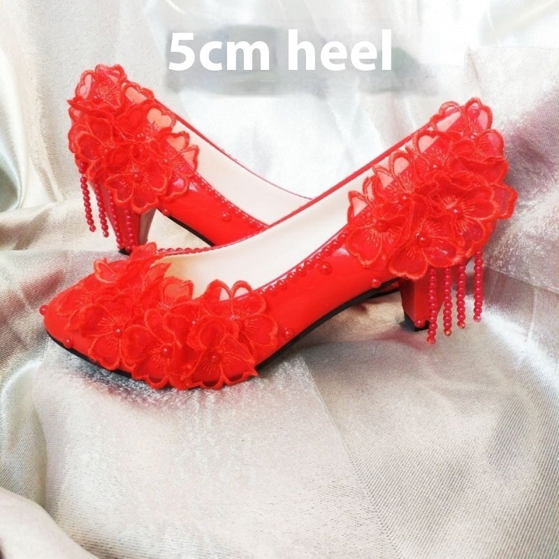 Lace High-heeled Shoes Korean Style, Flower Rhinestone Tassel Bride