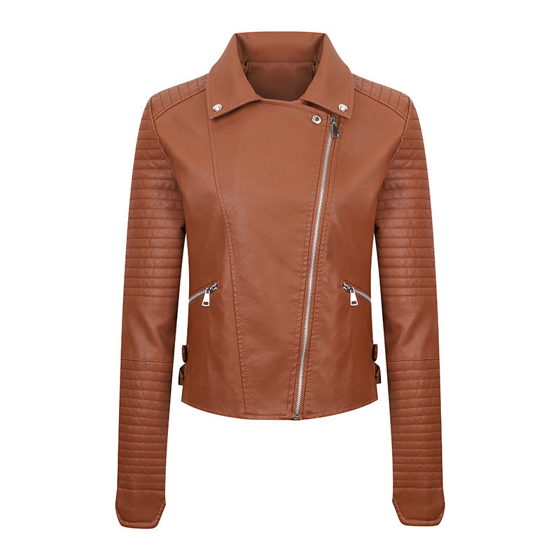 Women's Leather Clothing Coat Short Washed Slim Fit