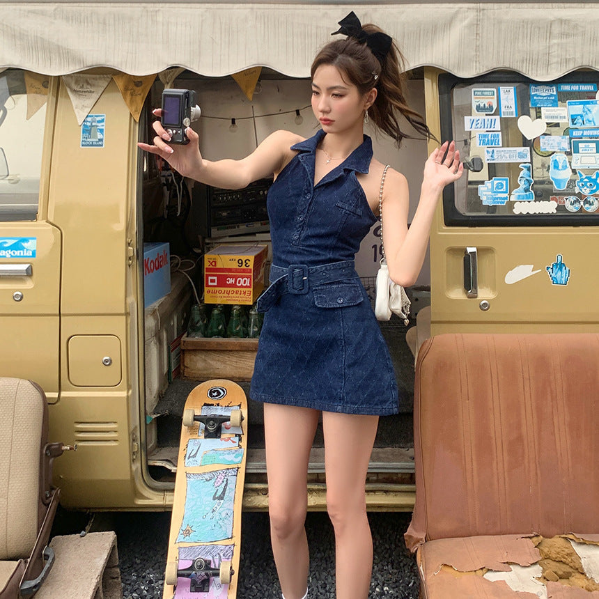 Sexy Cold-shoulder Sleeveless Sheath Denim Dress