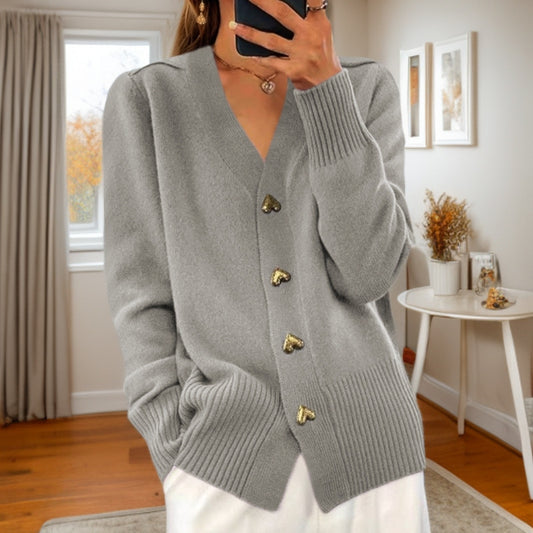 V-neck Knitted Sweater With Love Button Fashion Solid Long-sleeved Cardigan Spring And Autumn Women's Clothing
