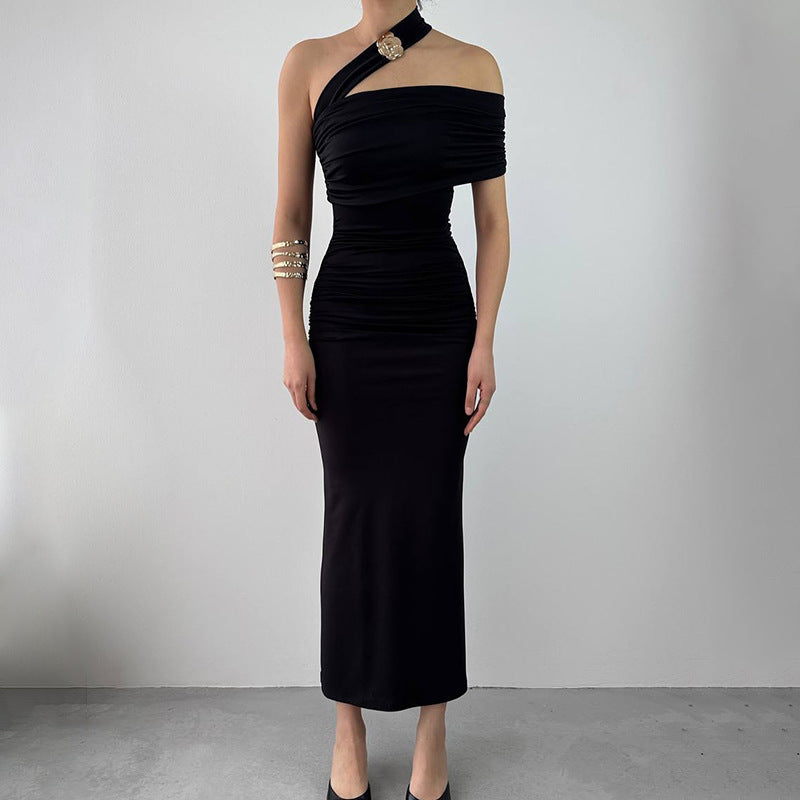 Slant Shoulder Waist Dress Women's Slim-fit Halter Women