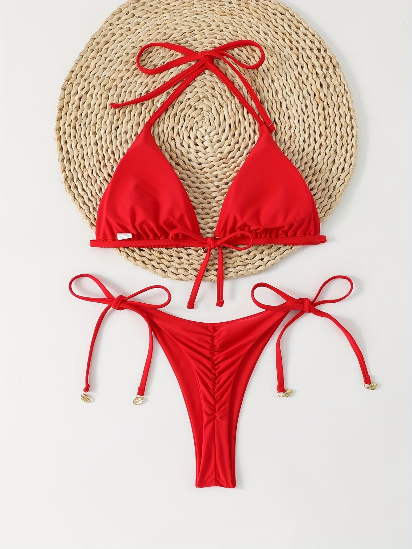 Sexy V-shaped Bikini Set For Women, Solid Color, Thong, Shell Clasp, Bikini