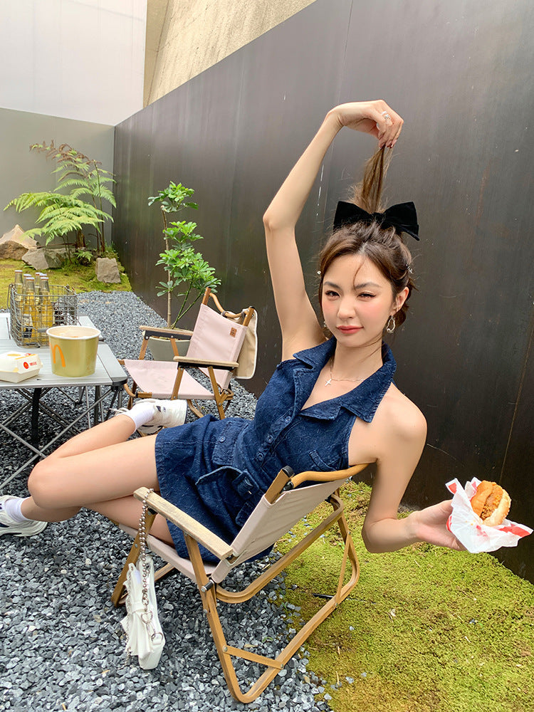 Sexy Cold-shoulder Sleeveless Sheath Denim Dress