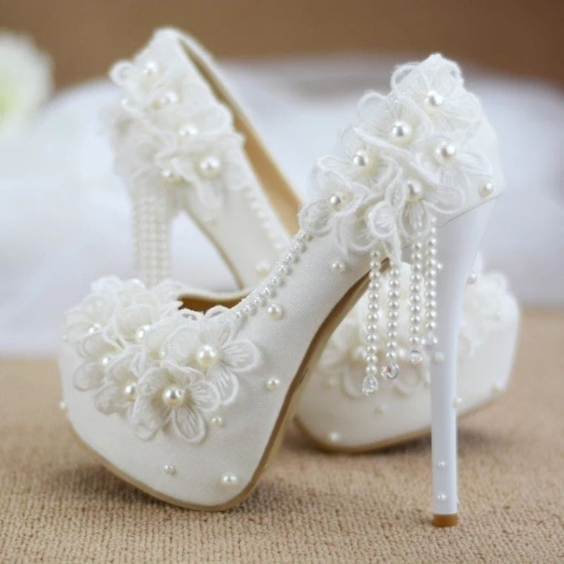 Lace High-heeled Shoes Korean Style, Flower Rhinestone Tassel Bride