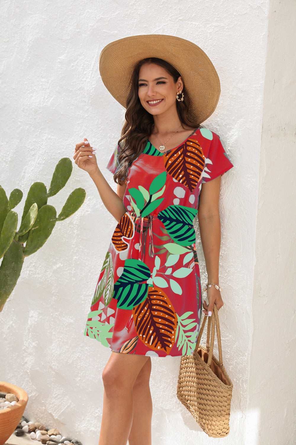 فستان نسائي فضفاض كاجوال بحزام مطبوع