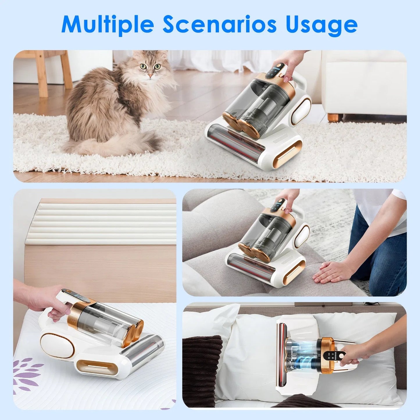 1Pc Mattress Vacuum Cleaner 16Kpa Bed Vacuum Cleaner Handheld Vacuums With Ultrasonic & UVC Light 18000 RPM Brushroll Rotation Dual Dust Bins Washable Filters For Bed Pillows Cribs Sofa