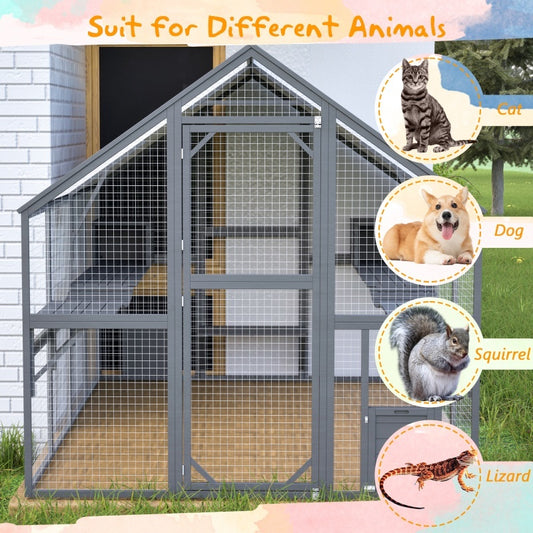 Extra Spacious Catio Outdoor Cat Haven, 110 Inch Luxury Cattery With Weather-Resistant Roof, Cat Climbing Ramp, Space Pod Bed, 2 Lounging Huts