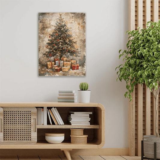A Canvas Oil Painting With A Wooden Frame, Depicting A Vintage Christmas Tree With Gifts Under It Decorating The Living Room.