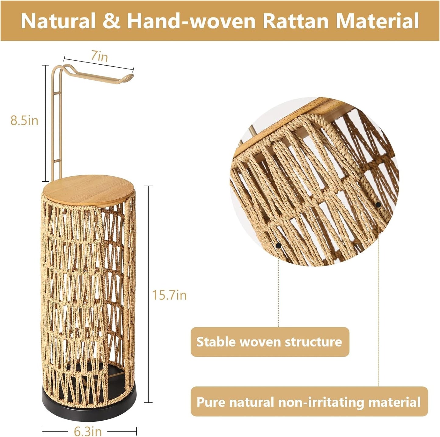 Freestanding Toilet Paper Holder With Storage,3 Rolls Of Tissue Holder For Bathroom,Handmade Woven Toilet Paper Roll Holder Stand