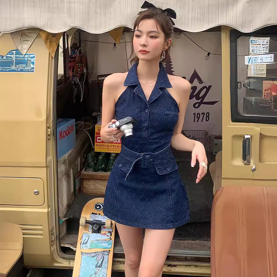 Sexy Cold-shoulder Sleeveless Sheath Denim Dress