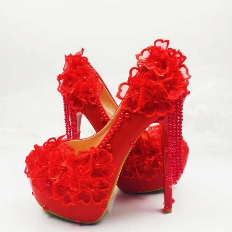 Lace High-heeled Shoes Korean Style, Flower Rhinestone Tassel Bride