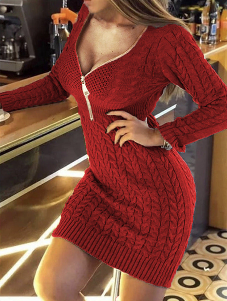 Mid-length Half Zipper V-neck Slimming Dress Sweater