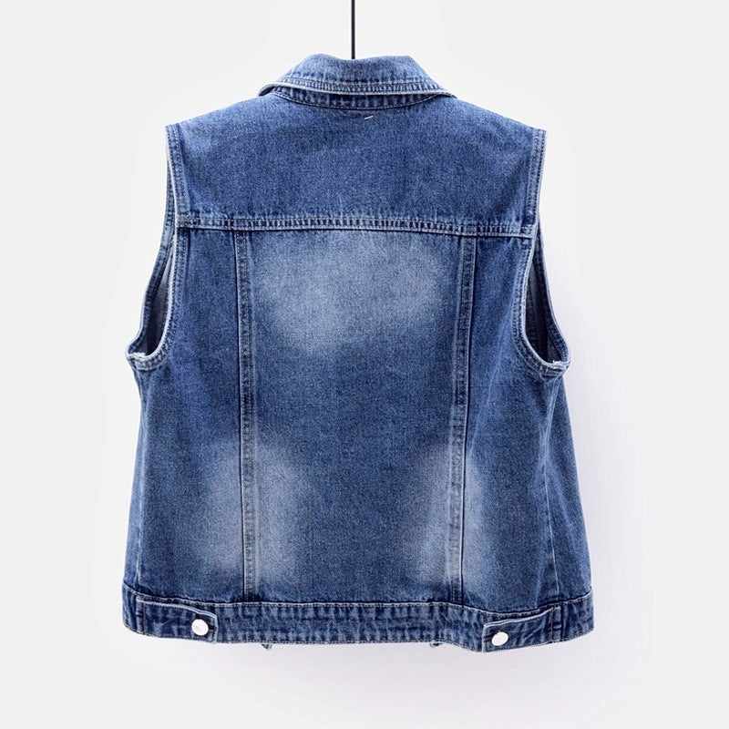 Denim Vest Women's Short Hole Beaded Sleeveless