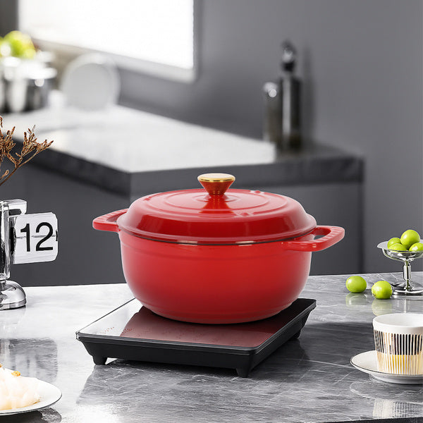 Cast Iron 6QT Cooking Pot - Gradient Red - Includes Two Silicone Gloves - Enamel Pot