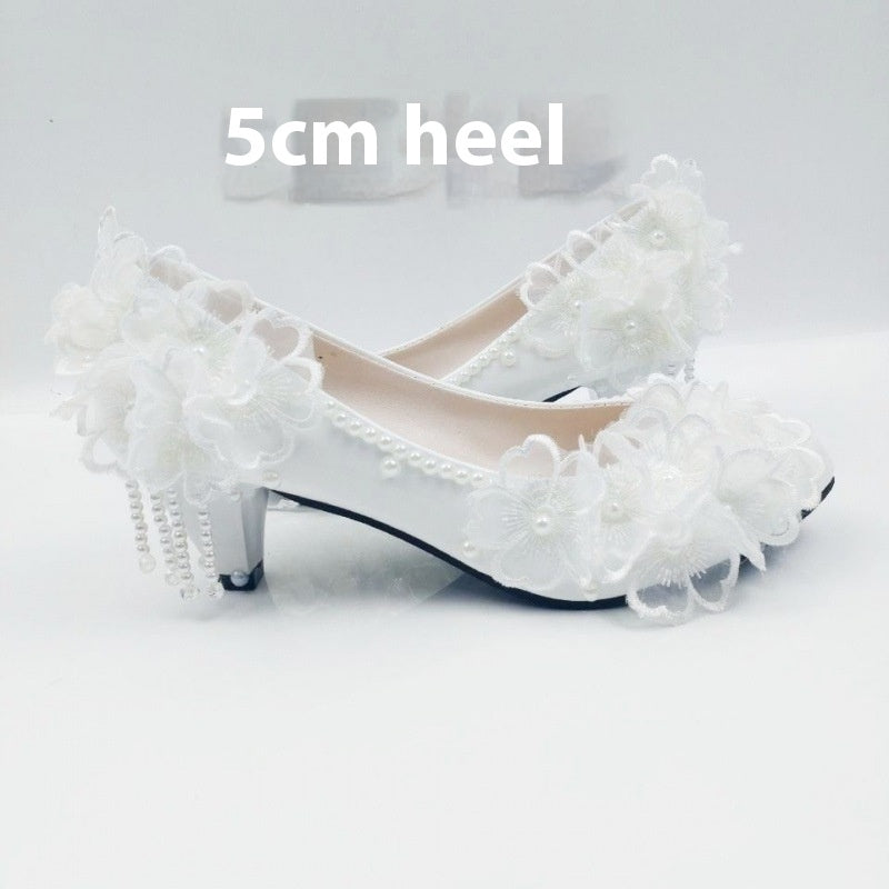 Lace High-heeled Shoes Korean Style, Flower Rhinestone Tassel Bride