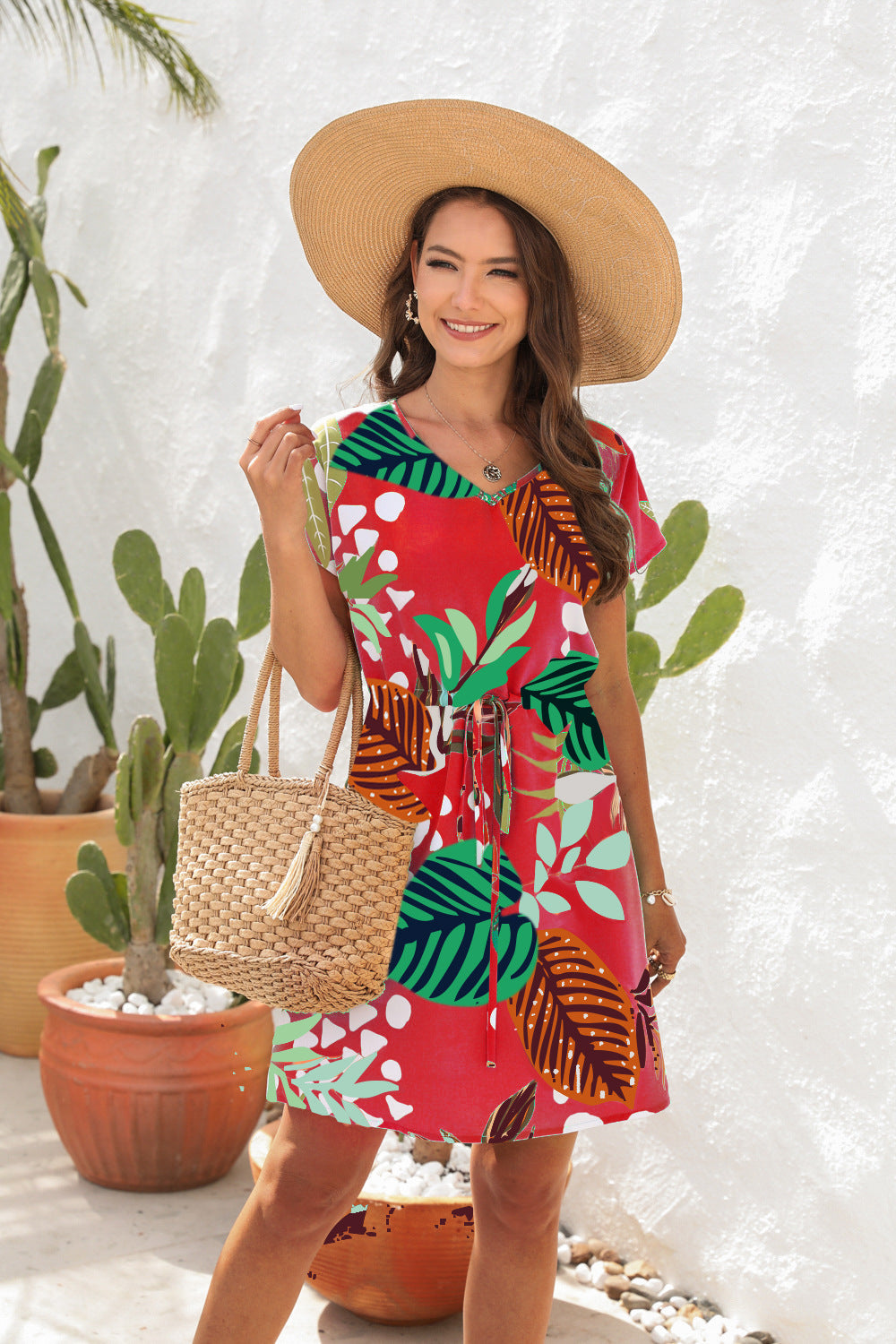 فستان نسائي فضفاض كاجوال بحزام مطبوع