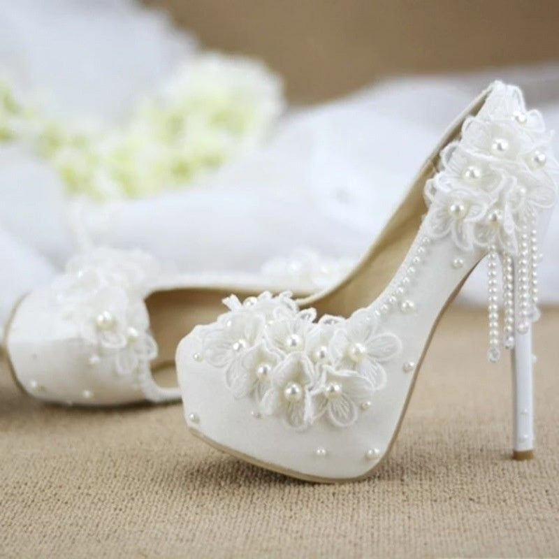 Lace High-heeled Shoes Korean Style, Flower Rhinestone Tassel Bride