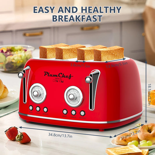 4 Slice Retro Toaster, Dual Control Toaster, Warming Rack, 6 Settings, Bagel, Defrost, Removable Crumb Tray, Stainless Steel Housing, 1650W, Red