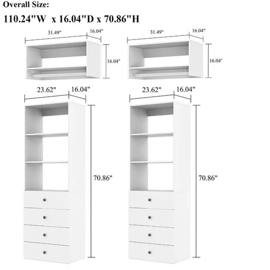 Closet Organizer System,Wall Mounted Closet Storage With Drawers And Shelves Closet Storage For Bedroom,White
