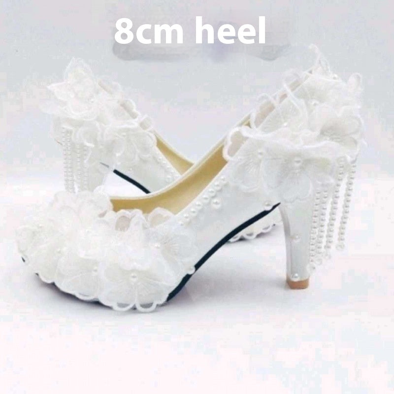 Lace High-heeled Shoes Korean Style, Flower Rhinestone Tassel Bride