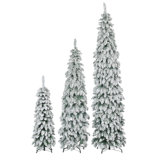 8FT, 6FT, 4FT Pre-Lit Pencil Christmas Trees, 3-set Slim Artificial Christmas Tree With Snow Flocking, Xmas Holiday Decoration Tree, 520 LED Lights