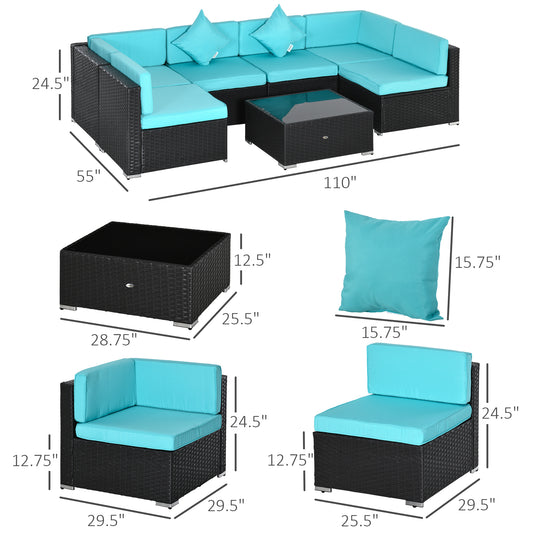 7-Piece Wicker Patio Conversation Set With Cushions & Glass Table, Turquoise