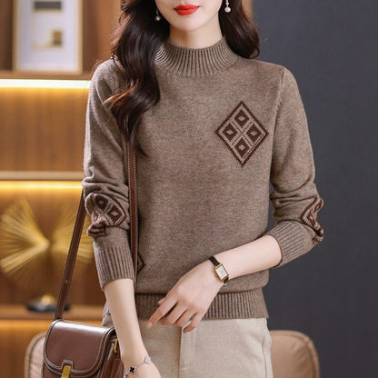 Winter Mock Neck Sweater Women's Western Style Top Plaid Colorblock Knitted