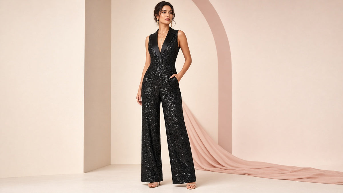 Elegant And Chic Women's Sequined Lapel Jumpsuit