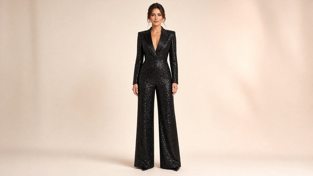 Elegant And Chic Women's Sequined Lapel Jumpsuit