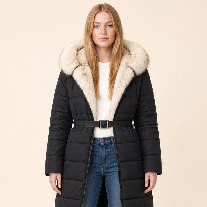 Winter Slim Long Jacket With Fur Hood And Belt Fashion Solid Hooded Coat Warm Clothing For Women