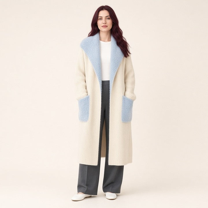 Fur Collar Long Stitching Cardigan Loose Knitted Overcoat Coat
