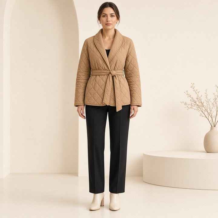 Winter Ripple-stitching Jacket With Belt Fashion Warm Pockets Lapel Coat Women's Temperament Lightweight Outwear Clothing