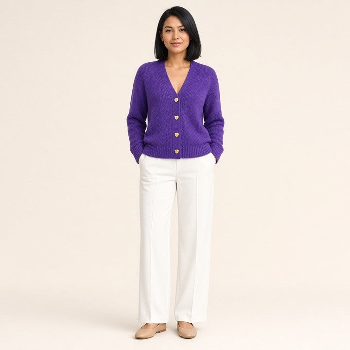 V-neck Knitted Sweater With Love Button Fashion Solid Long-sleeved Cardigan Spring And Autumn Women's Clothing