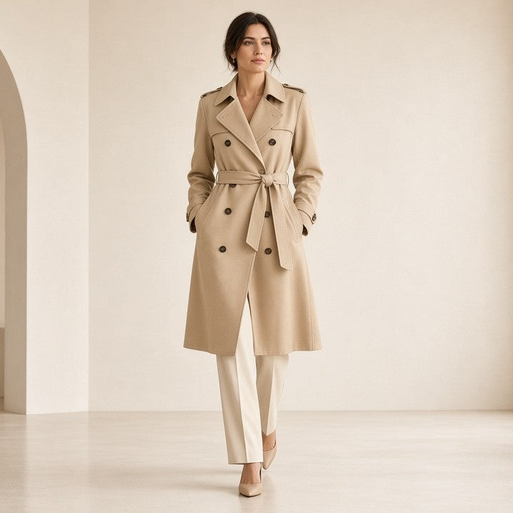 Women's Classic Trench Coat, Solid Color Long Sleeve Belted Mid-Length Jacket With Button Detail For Spring And Fall