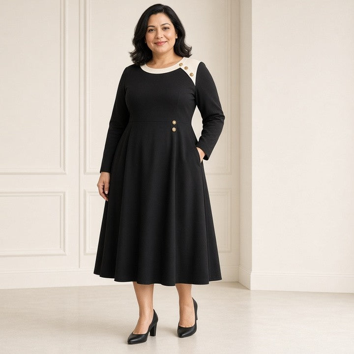 Color matching stylish plus size women's clothing fat mm slim fit medium and long style wide lady long sleeve dress spring and autumn new style