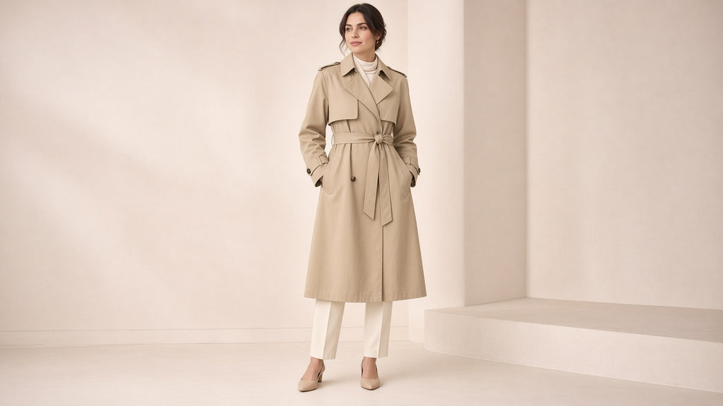 Women's Classic Trench Coat, Solid Color Long Sleeve Belted Mid-Length Jacket With Button Detail For Spring And Fall