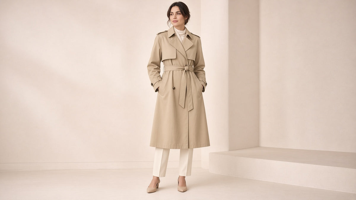 Women's Classic Trench Coat, Solid Color Long Sleeve Belted Mid-Length Jacket With Button Detail For Spring And Fall