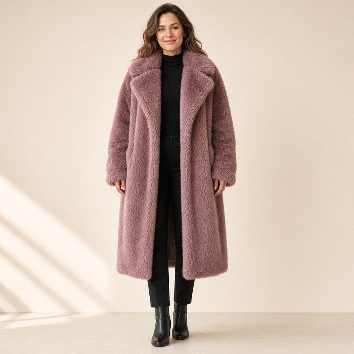 Belted Faux Fur Coat with Notch Lapel
