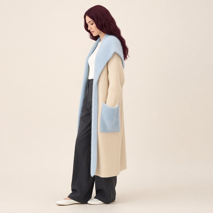 Fur Collar Long Stitching Cardigan Loose Knitted Overcoat Coat
