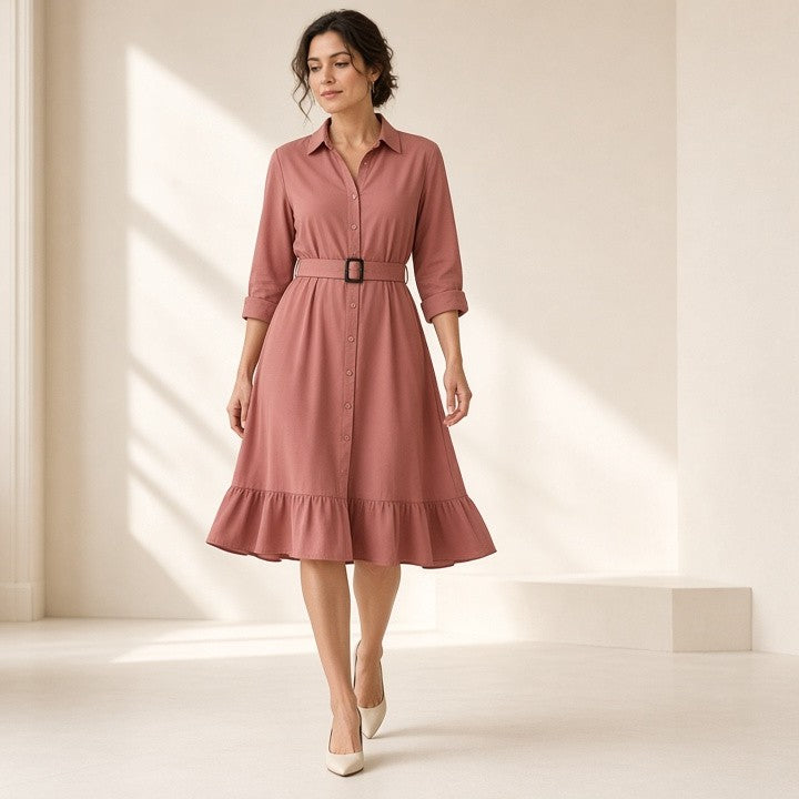 3/4 Sleeve Belt Skirt Ruffled Retro Dress, photo 8 of 16