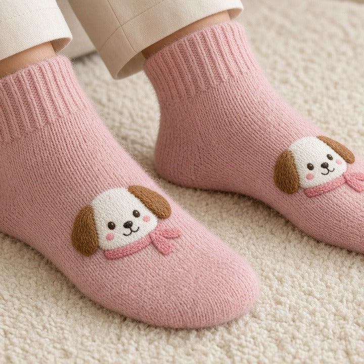 Cute Cartoon Dog Floor Socks Winter Warm Non-slip Plush Socks For Women