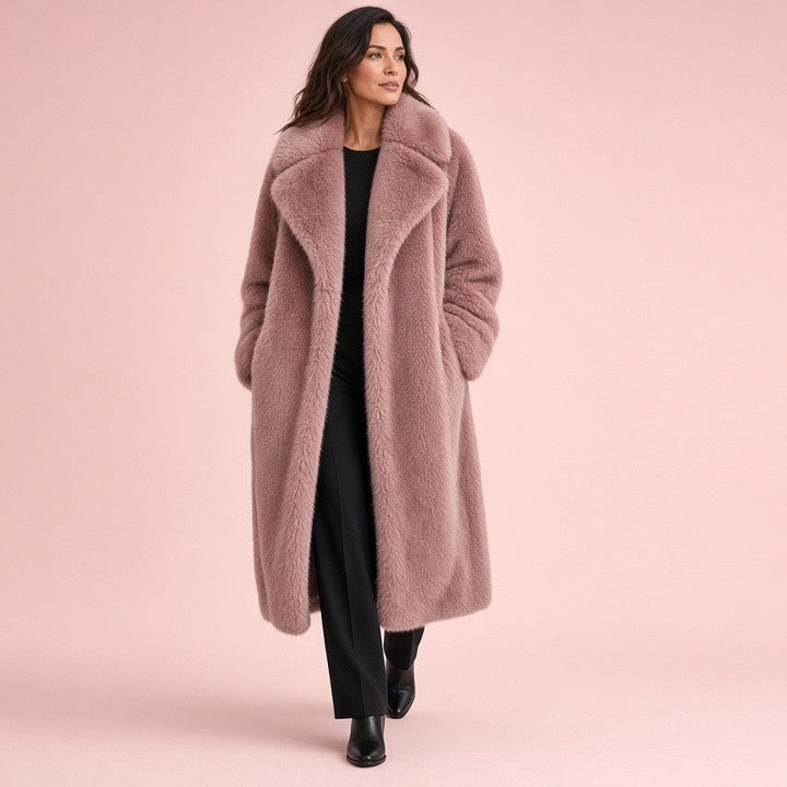 Belted Faux Fur Coat with Notch Lapel