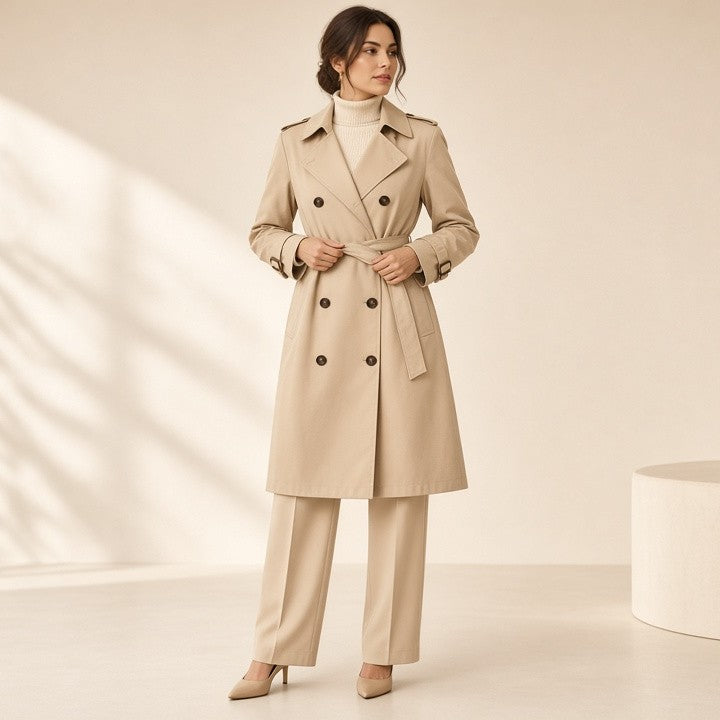 Women's Classic Trench Coat, Solid Color Long Sleeve Belted Mid-Length Jacket With Button Detail For Spring And Fall
