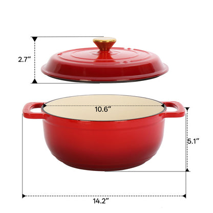 Cast Iron 6QT Cooking Pot - Gradient Red - Includes Two Silicone Gloves - Enamel Pot