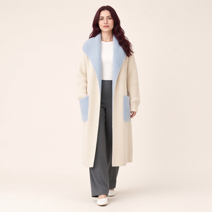 Fur Collar Long Stitching Cardigan Loose Knitted Overcoat Coat