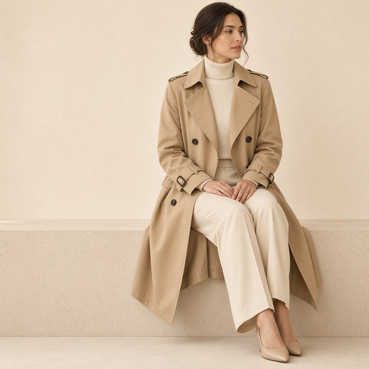 Women's Classic Trench Coat, Solid Color Long Sleeve Belted Mid-Length Jacket With Button Detail For Spring And Fall