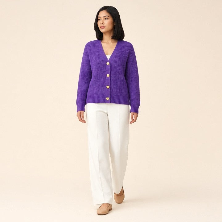 V-neck Knitted Sweater With Love Button Fashion Solid Long-sleeved Cardigan Spring And Autumn Women's Clothing
